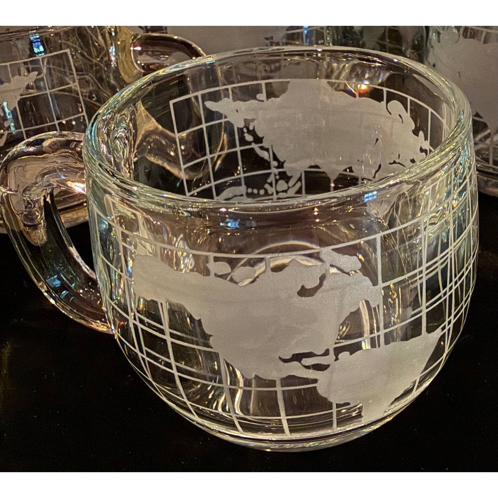 8 Vintage Nescafe World Map Glass Mugs Frosted Etched Globe Coffee Cups Set - Picture 4 of 5